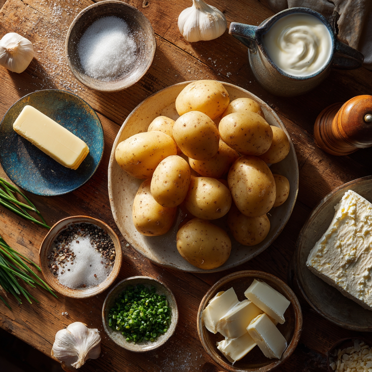 Rustic kitchen table with Yukon Gold potatoes, butter, cream, sour cream, cream cheese, garlic, chives, salt, and pepper arranged for homemade mashed potatoes.