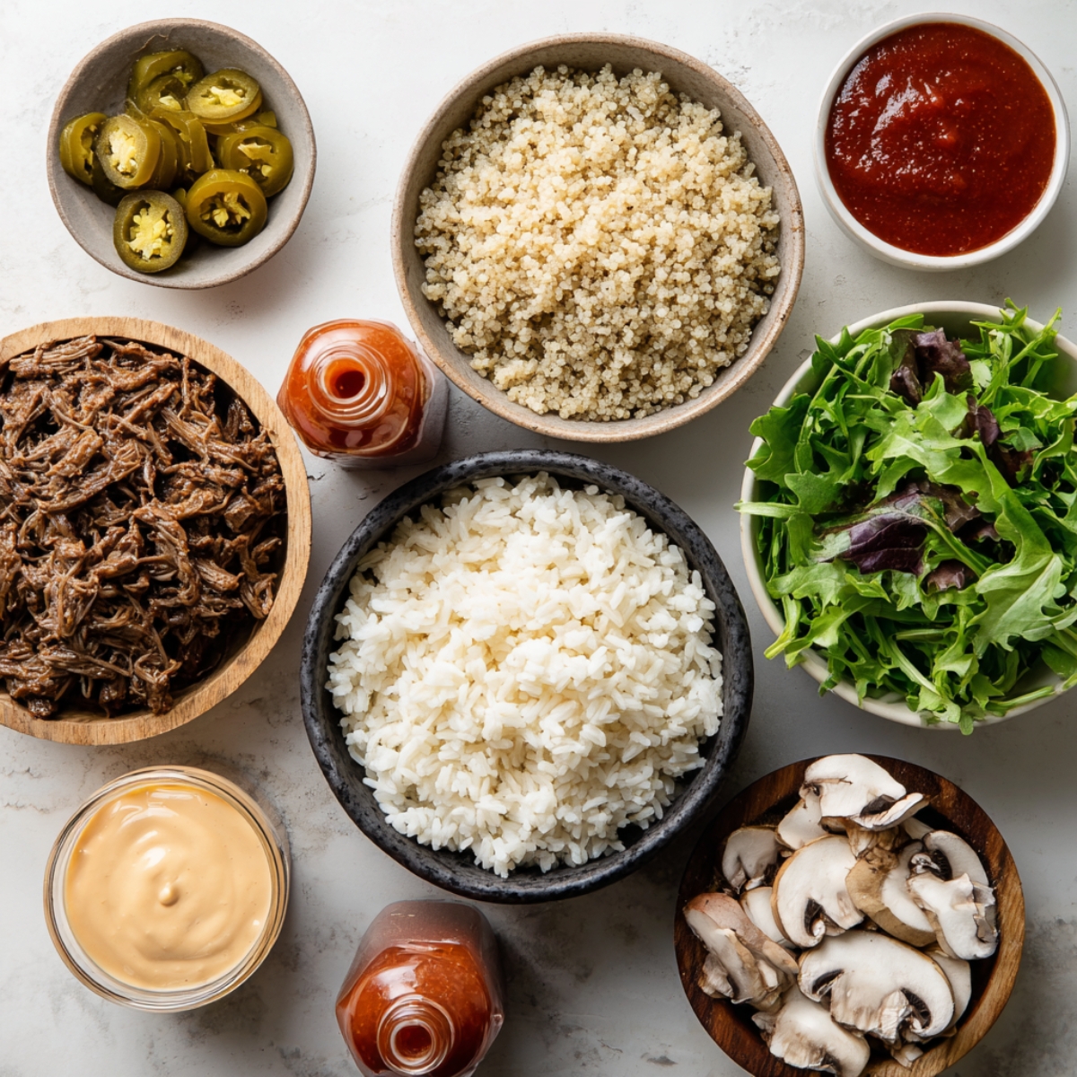 Homemade Philly cheesesteak bowl ingredients: white rice, quinoa, shredded beef, mixed greens, mushrooms, cheese sauce, hot sauce, salsa, and pickled jalapeños on a white surface.