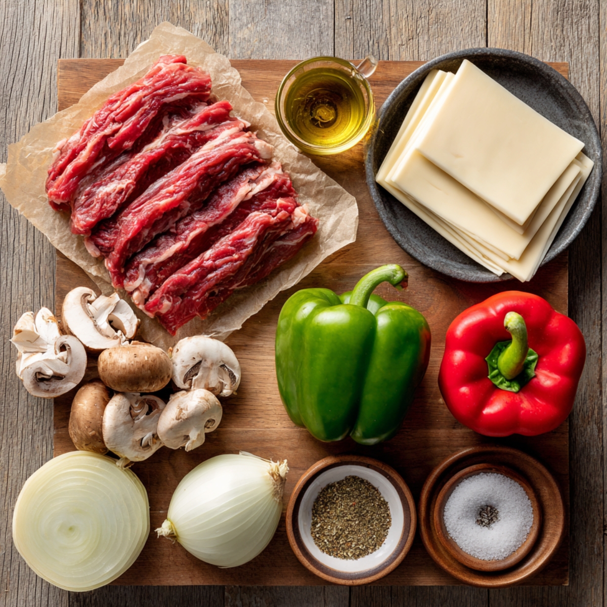 Fresh Philly cheesesteak bowl ingredients on a wooden board: sliced ribeye, provolone cheese, bell peppers, onions, mushrooms, olive oil, oregano, salt, and pepper.