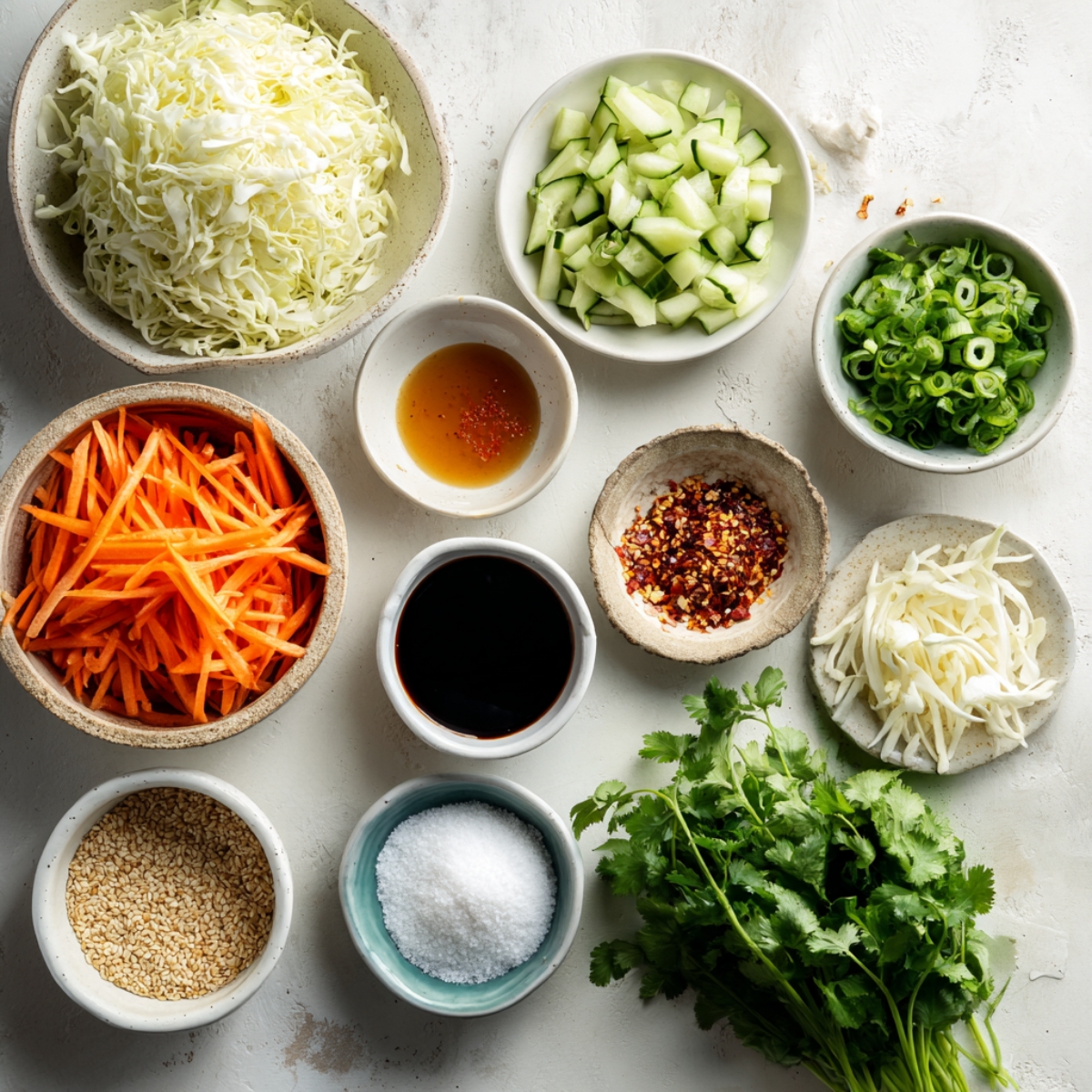 Fresh ingredients for Korean Chicken Bao Buns, including shredded cabbage, julienned carrots, cucumbers, green onions, soy sauce, sesame seeds, salt, red pepper flakes, and fresh cilantro, arranged in ceramic bowls on a white countertop.