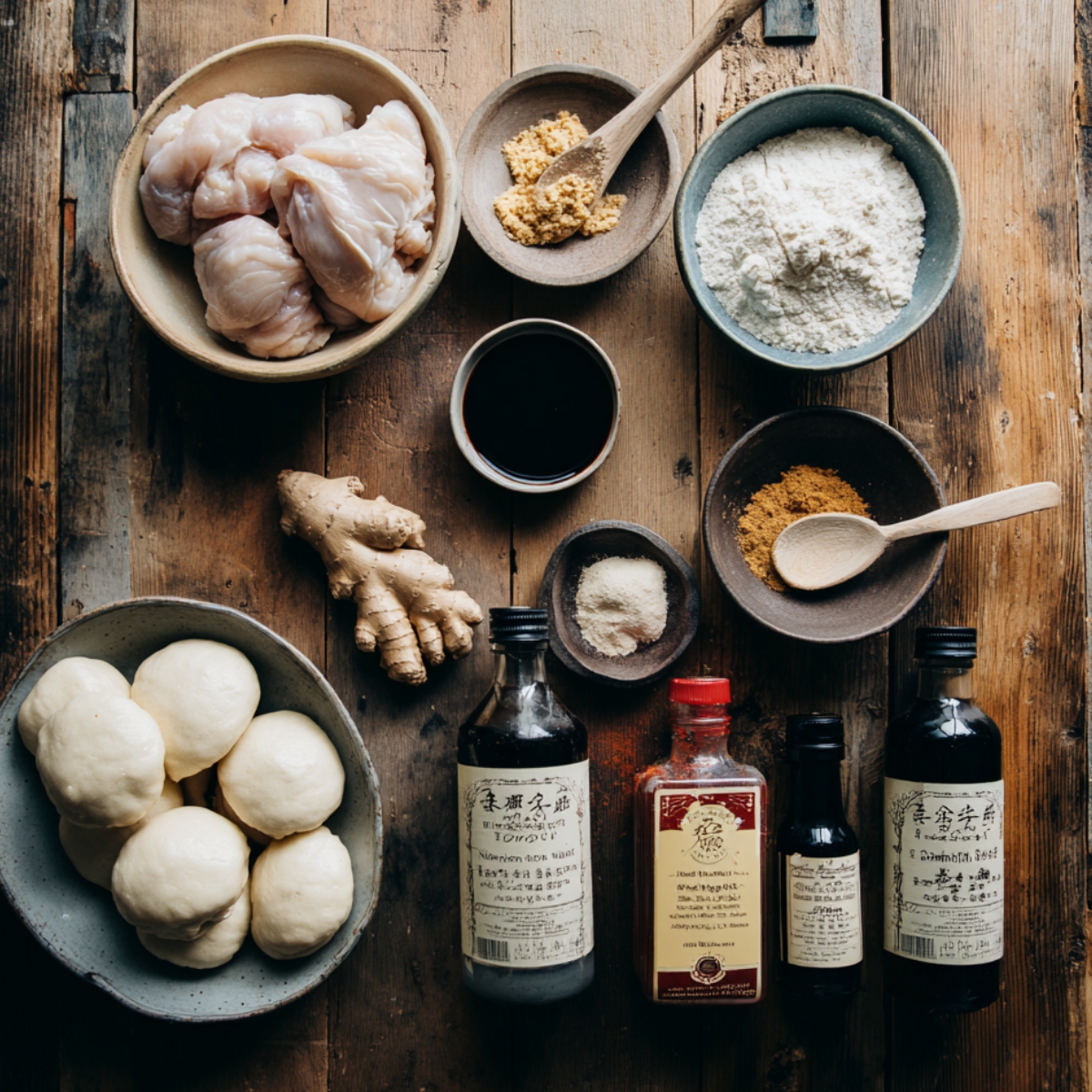 Homemade Korean Chicken Bao Buns ingredients arranged on a rustic wooden surface, including raw chicken thighs, bao dough, soy sauce, ginger, spices, and traditional Asian condiments in glass bottles.