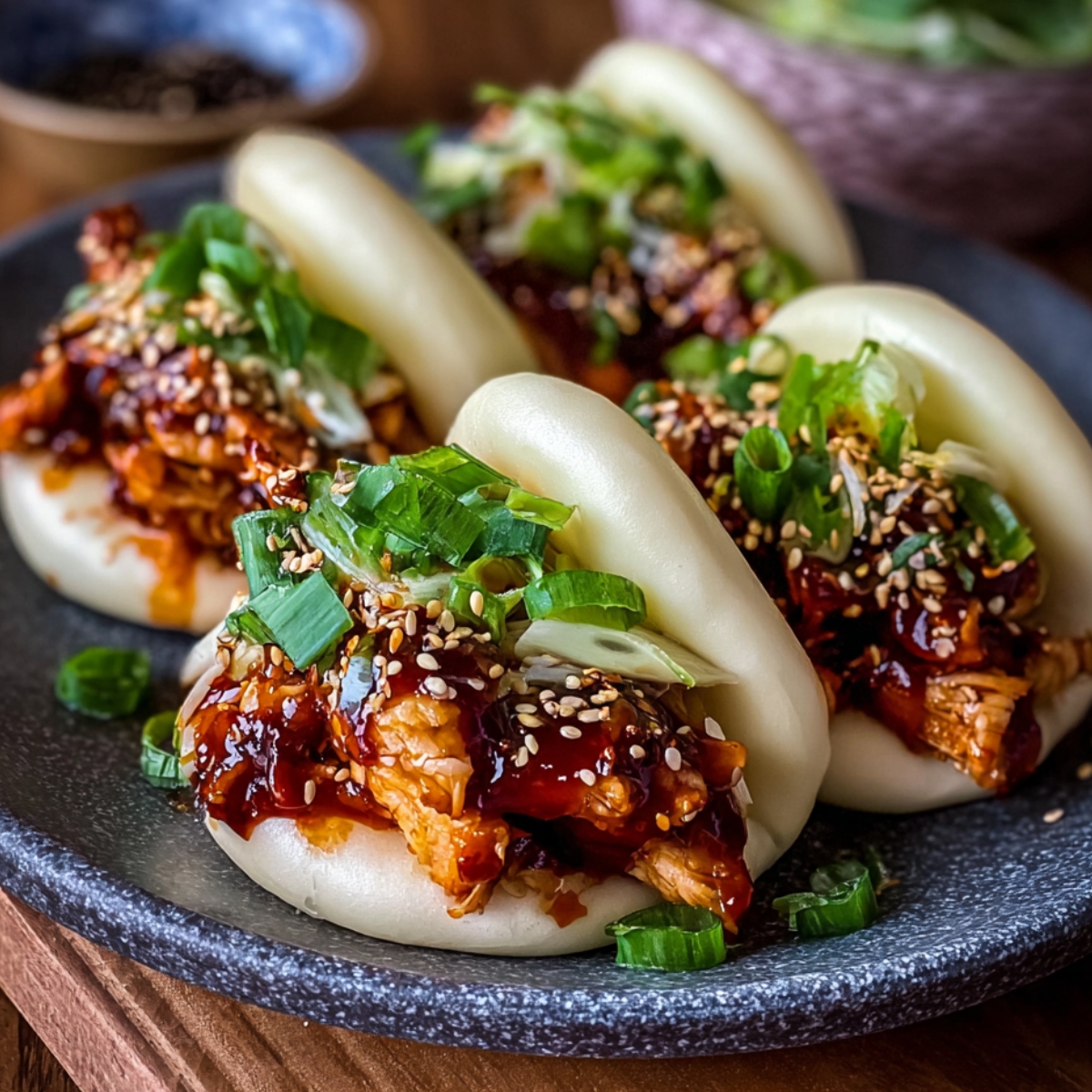 Korean chicken bao buns filled with sticky gochujang chicken, topped with green onions and sesame seeds, served on a dark plate.