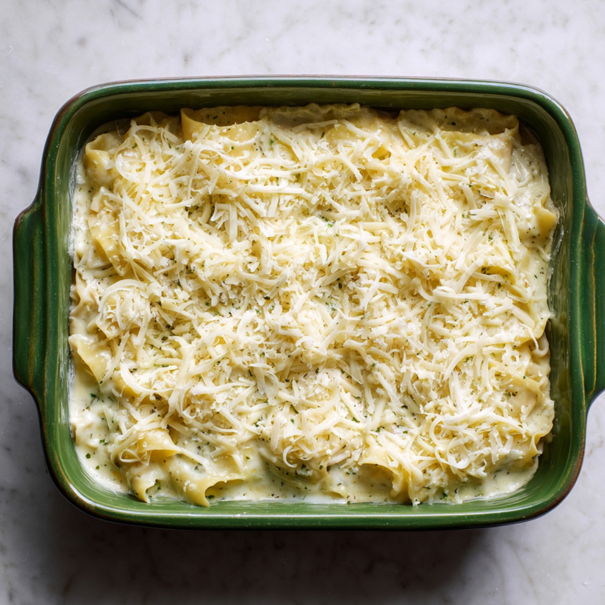 Homemade seafood lasagna in a green ceramic dish, layered with creamy white sauce and pasta, topped with shredded mozzarella and parmesan, sitting on a marble countertop before baking.