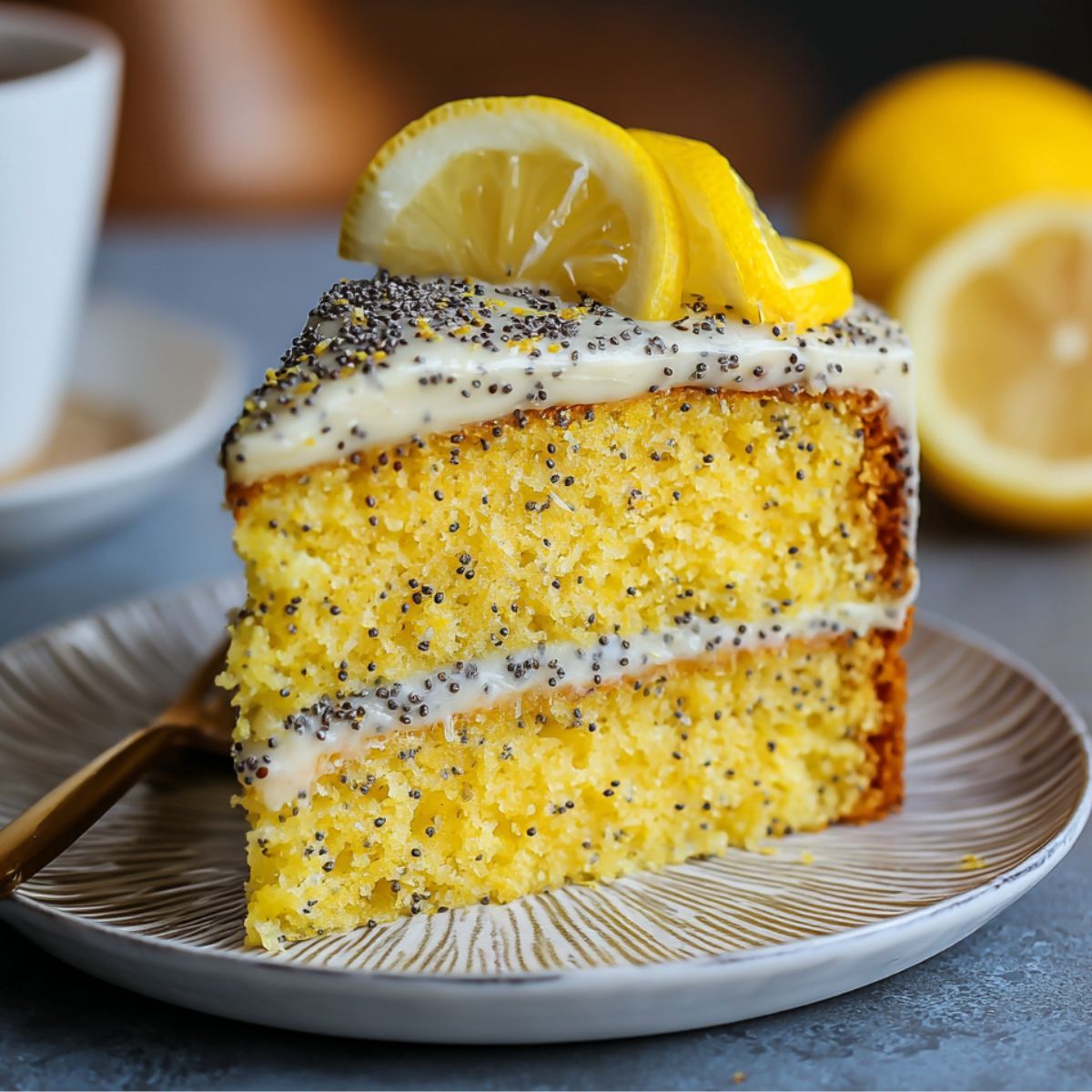 Slice of homemade lemon poppyseed cake with lemon frosting, poppy seed topping, and lemon slice garnish on a patterned plate with a gold fork.