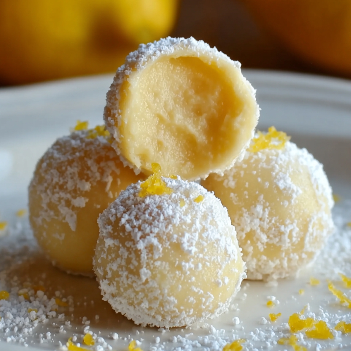 Homemade lemon truffles on a white plate, coated in powdered sugar and lemon zest, with a fresh lemon blurred in the background.