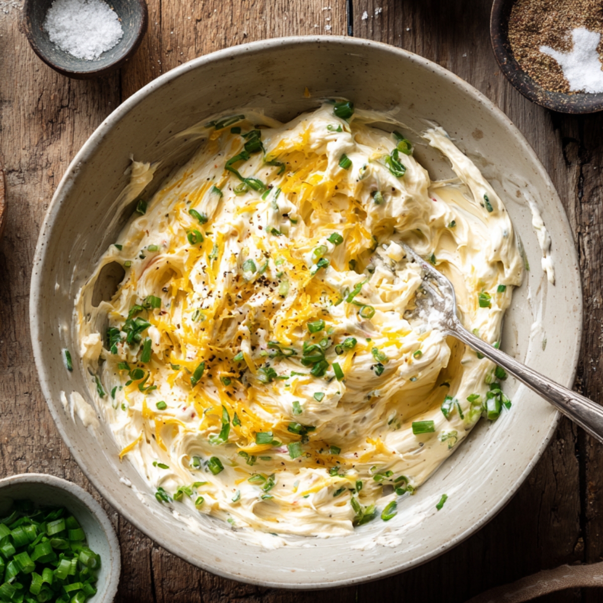 Bowl of creamy jalapeño popper filling with cream cheese, cheddar, green onions, and pepper.