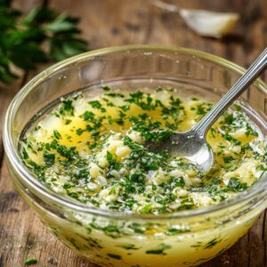 Glass bowl of garlic butter sauce with parsley and garlic, stirred with a spoon on a wooden surface.