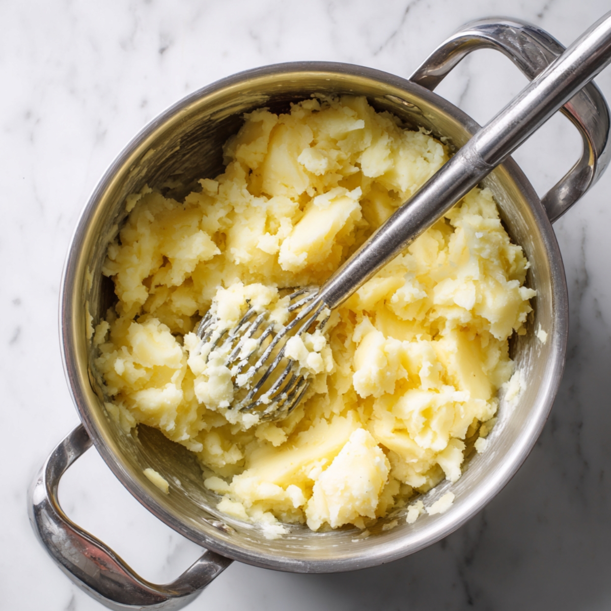 A pot of boiled potatoes being mashed with a metal masher on a marble countertop.
