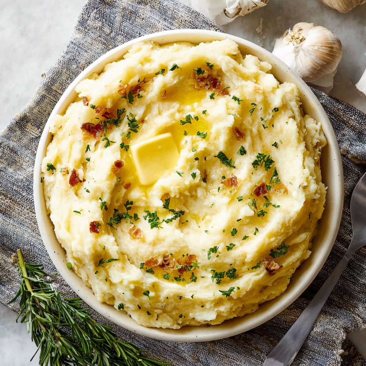 A bowl of fluffy homemade Mashed Potatoes Recipe with melted butter, parsley, and crispy bits, served on a gray cloth with garlic, rosemary, and a spoon nearby.
