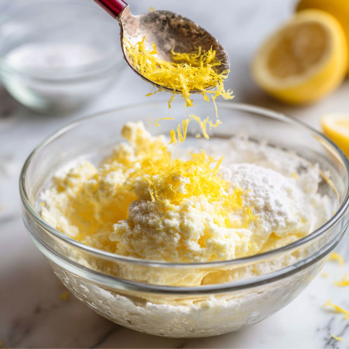 Spoon sprinkling fresh lemon zest into a glass bowl of creamed butter and sugar for homemade lemon poppyseed cake, with lemons in the background.