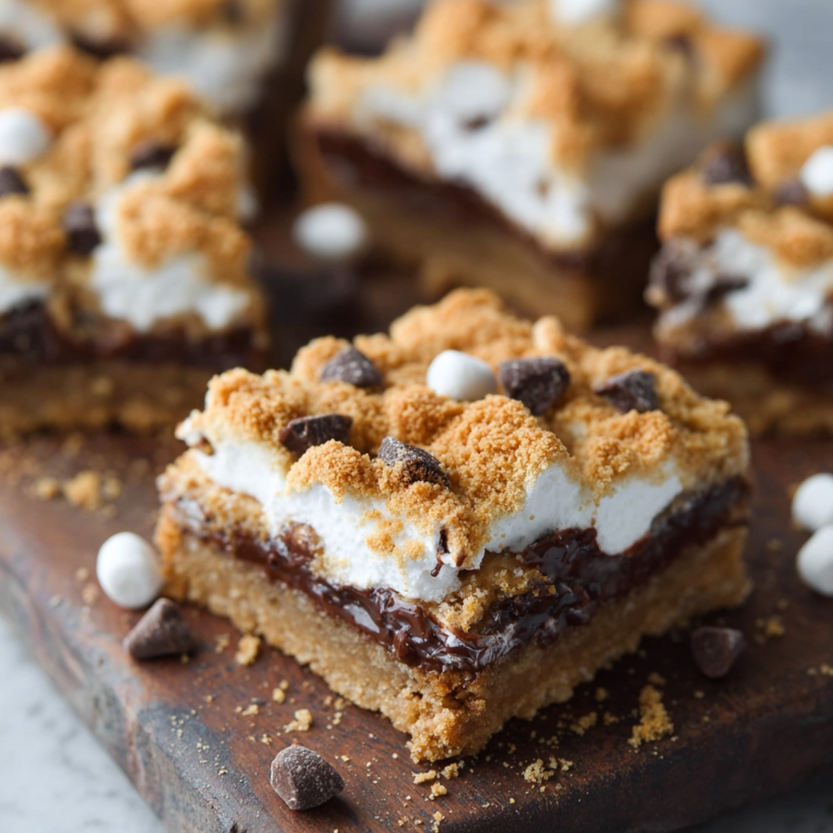 Close-up of a gooey Moist S'mores Bars with layers of golden graham cracker crust, melted chocolate, toasted marshmallow, and crumb topping, surrounded by scattered mini marshmallows and chocolate chips on a wooden board.