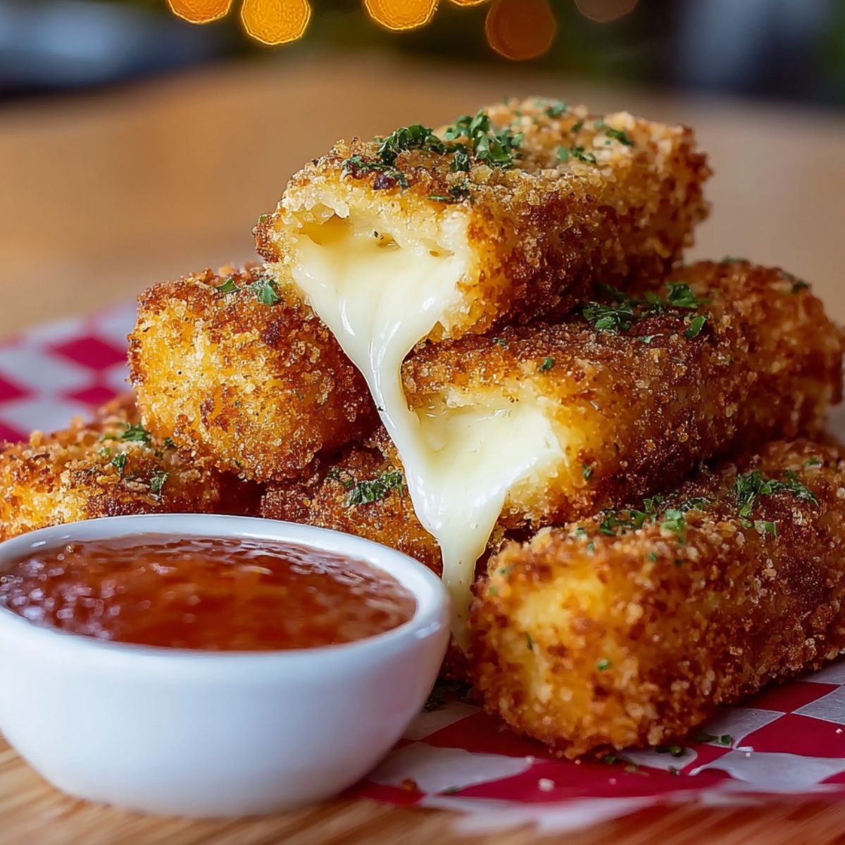 Golden, crispy homemade Nashville hot mozzarella sticks on red-and-white checkered paper, one split open with melted cheese stretching, parsley garnish, and a ramekin of red dipping sauce in front.