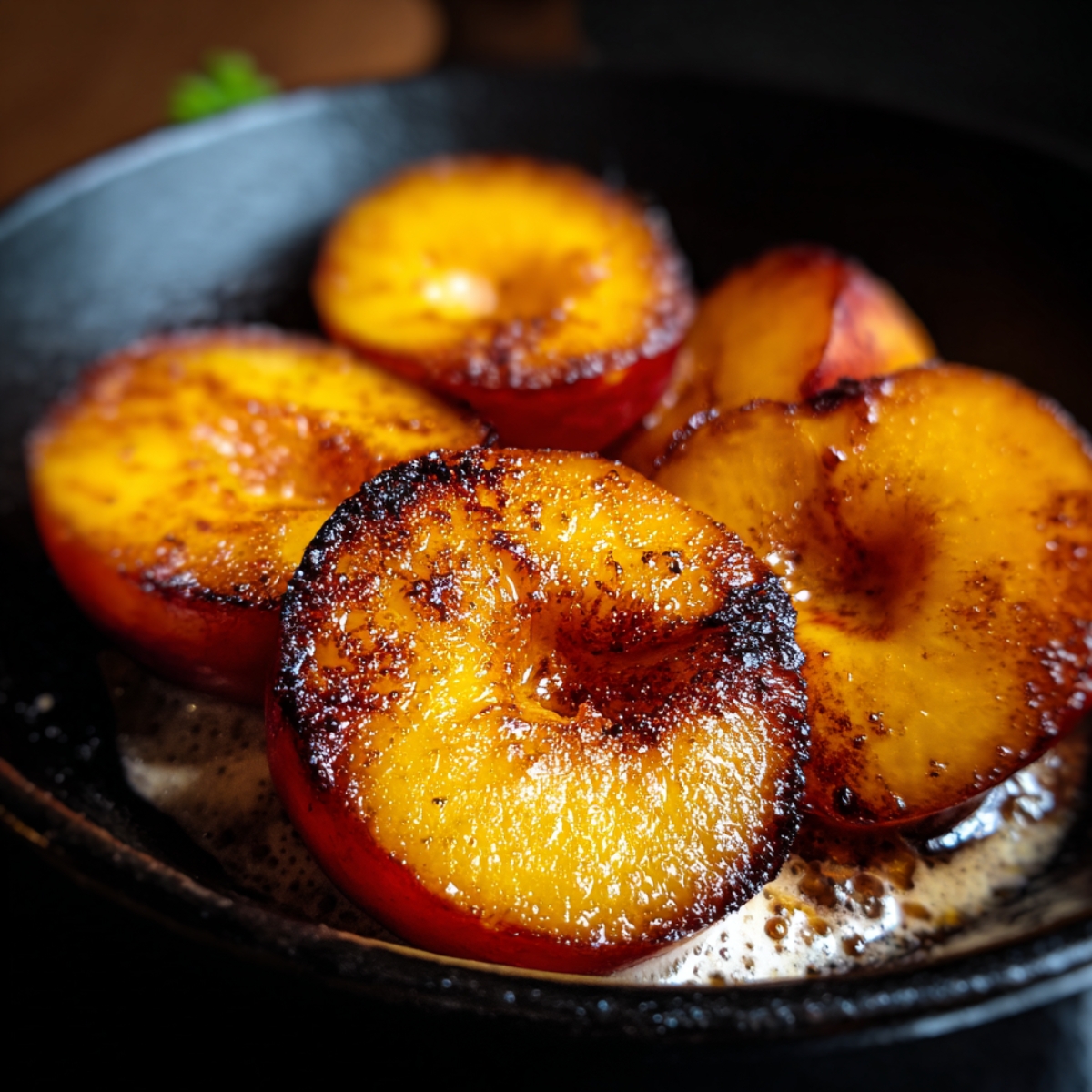 Close-up of golden peach halves in a skillet, their surfaces caramelized to a deep golden-brown with crisp edges, glistening in bubbling butter for a rustic homemade pan fried peaches recipe.