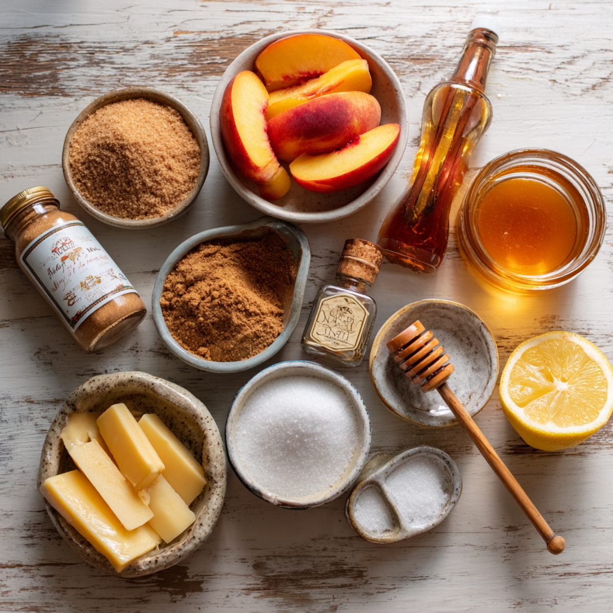 Overhead of fresh peach slices, butter, sugars, cinnamon, vanilla, honey, lemon, and maple syrup on a rustic white table.