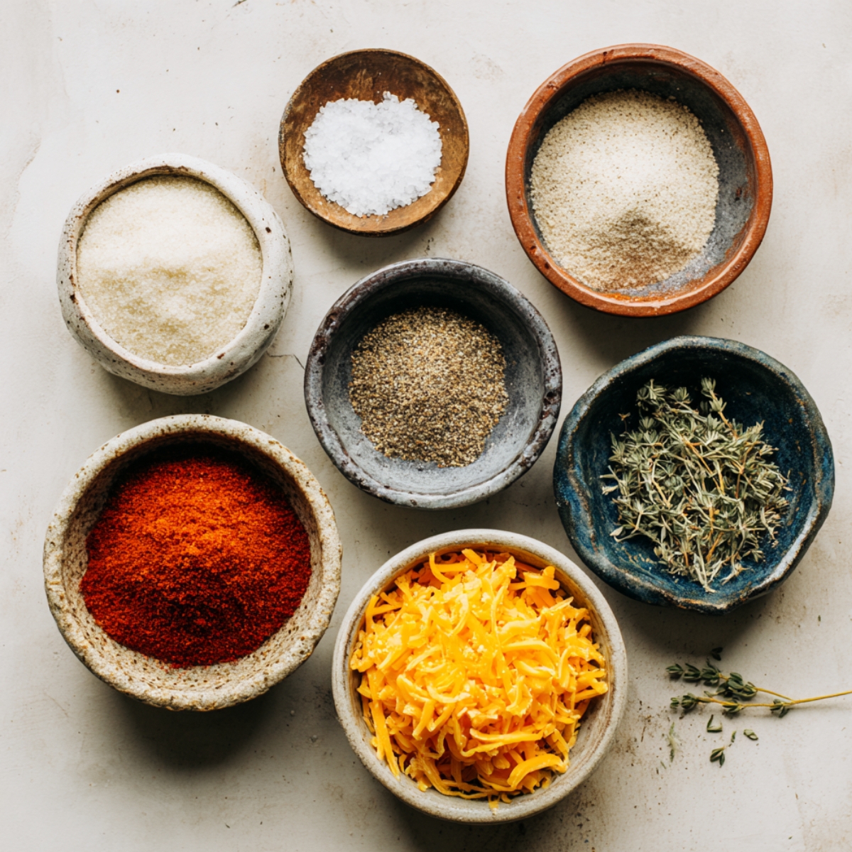 Rustic bowls with salt, paprika, pepper, breadcrumbs, thyme, grated cheddar, and seasoning for a homemade pork chop and potato bake.