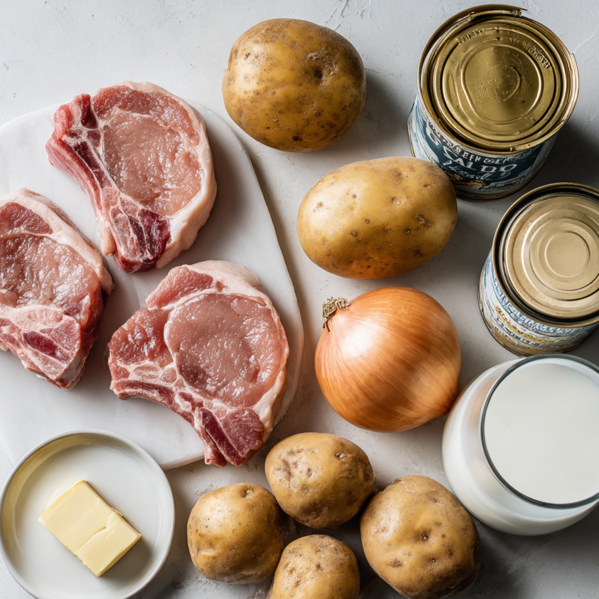 Fresh pork chops, russet potatoes, onion, butter, milk, and canned soup laid out for a homemade pork chop and potato bake.