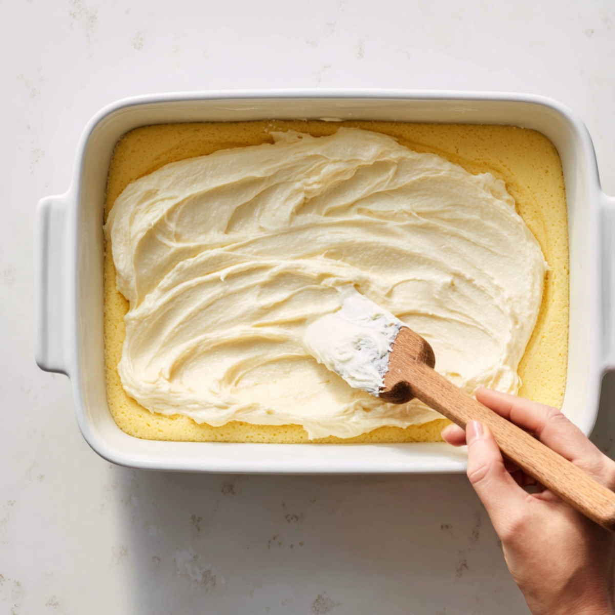 Hand spreading creamy topping over golden cake base in a white baking dish, preparing gooey butter cake.