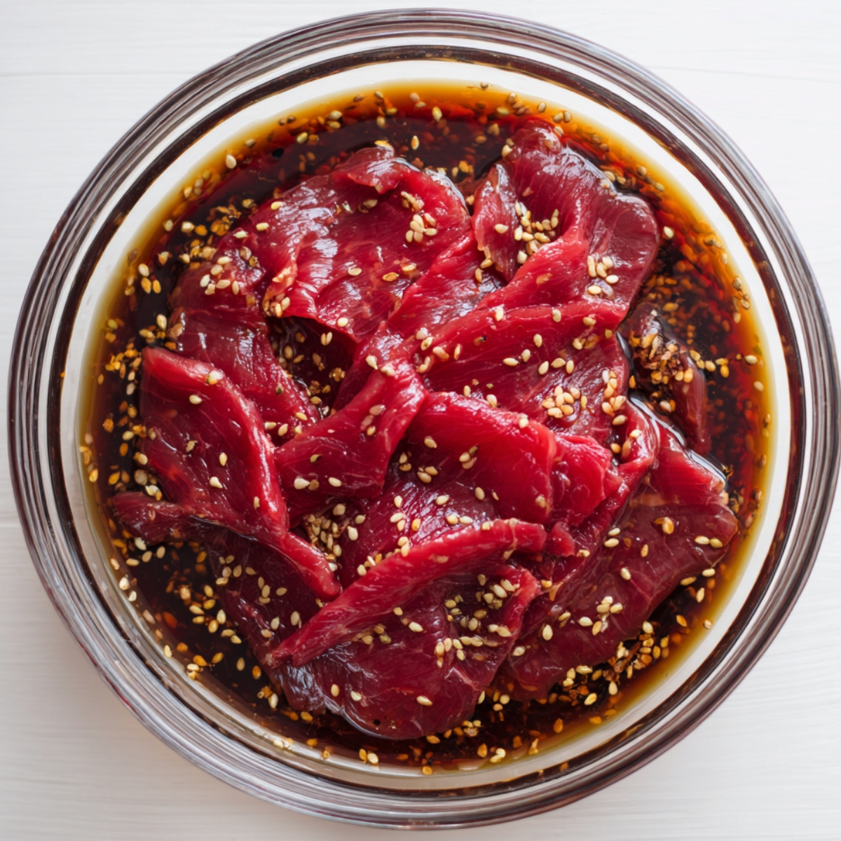 Top-down view of thinly sliced raw beef marinating in a soy-based sauce with sesame seeds in a glass bowl on a white wooden surface, bright natural light.