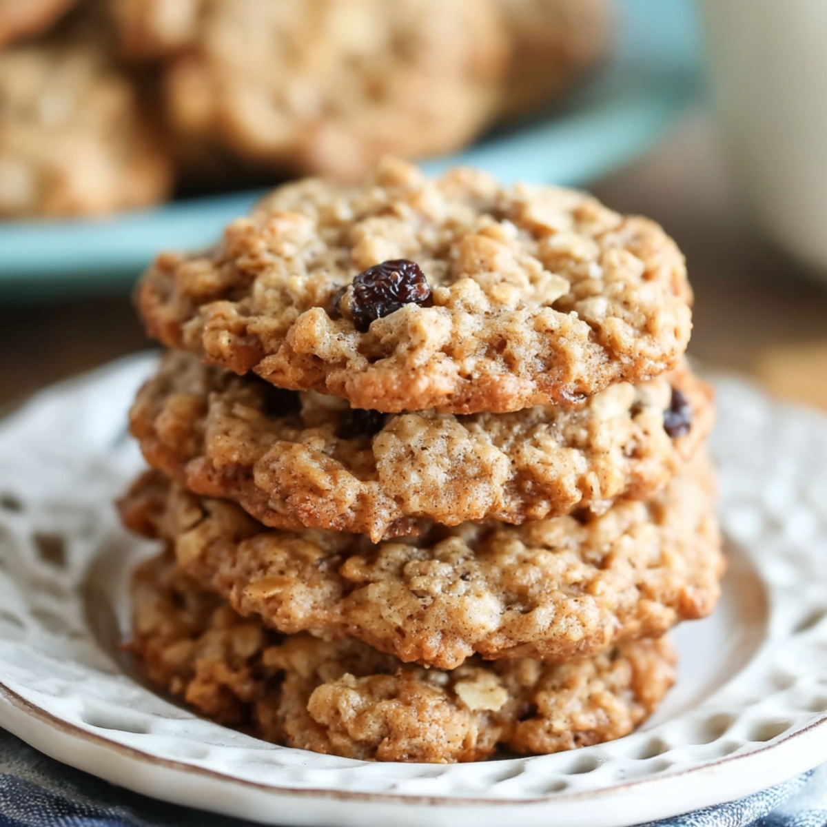 Stack of four homemade Quaker Oatmeal Cookie Recipe on a white plate, golden-brown with oats and raisins, crisp edges, soft centers, cozy kitchen feel.