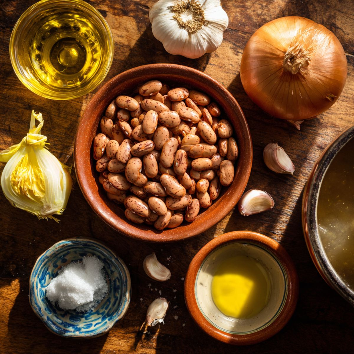 Top view of homemade refried bean ingredients on a rustic wooden table, including a bowl of dried pinto beans, a whole yellow onion, garlic cloves, salt in a small blue dish, olive oil in glass and clay bowls, and a pot of broth.