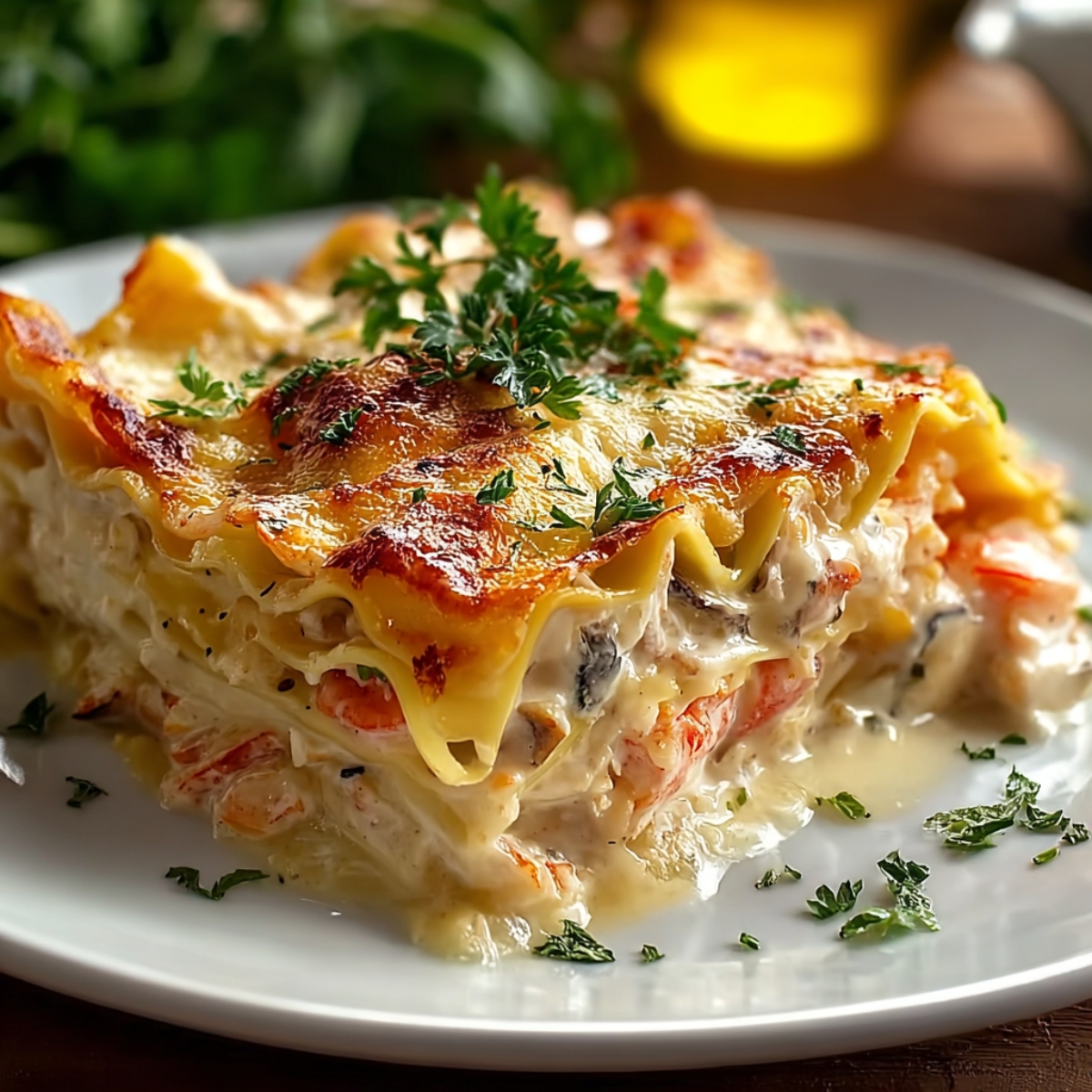 Slice of seafood lasagna on a white plate with golden-brown cheesy top, creamy shrimp and crab filling, and parsley garnish.