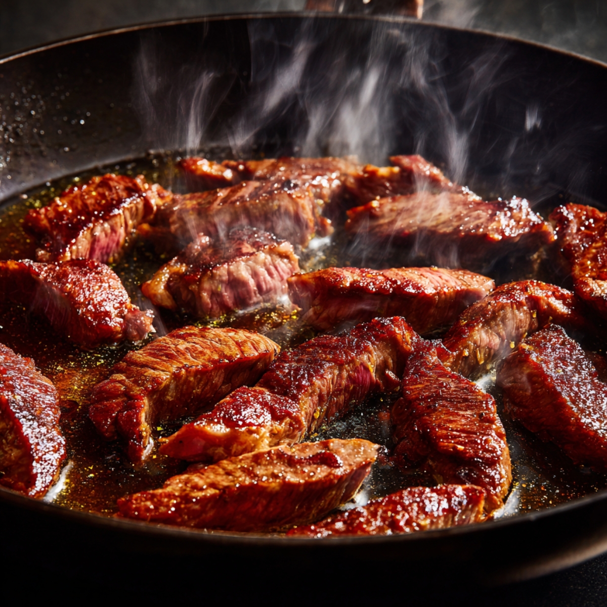 Ribeye steak strips searing in a hot skillet with browned edges, sizzling oil, and steam rising.