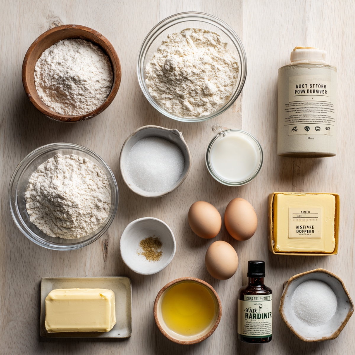 Top-down view of pancake ingredients on a light wooden surface, including flour, sugar, milk, eggs, butter, vanilla, baking powder, and salt, arranged in bowls and containers for a homemade recipe prep.