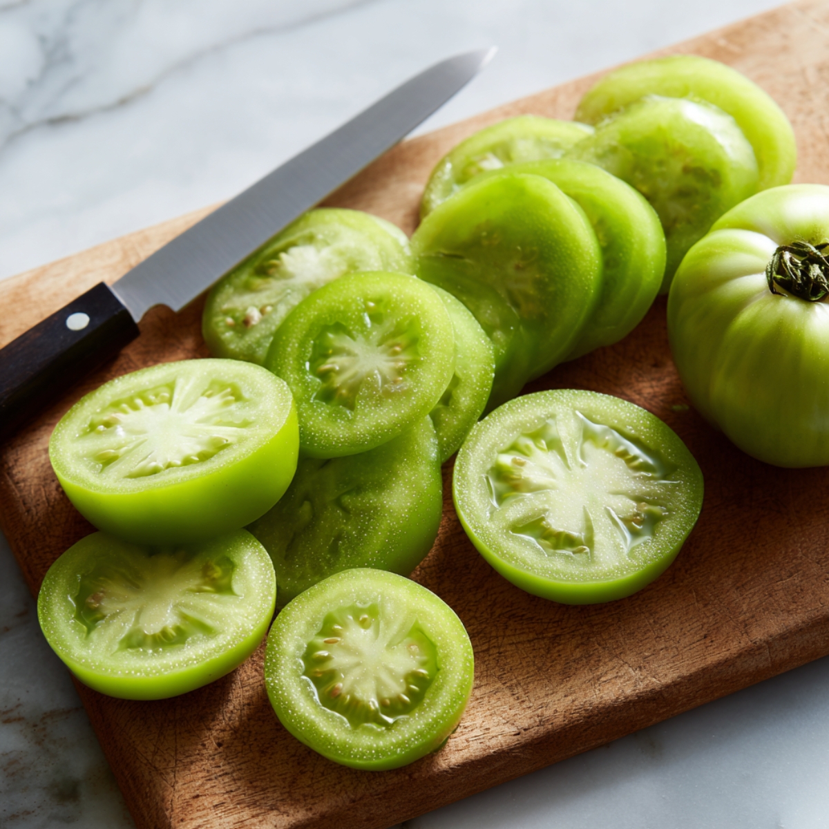 Sliced green tomatoes on a wooden cutting board with a knife and whole tomato nearby.