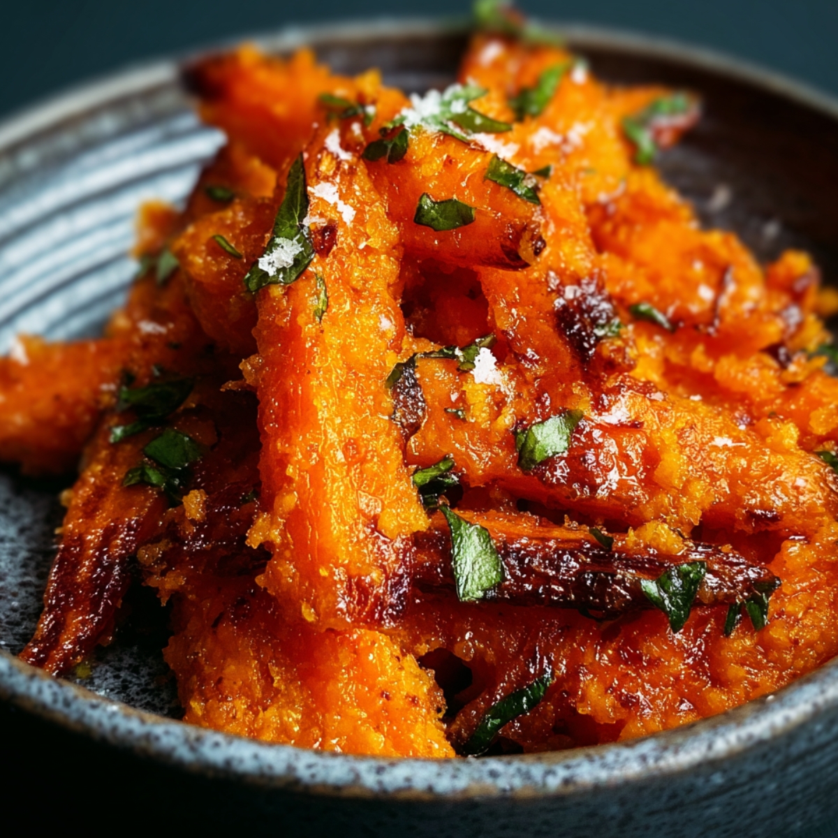 Close-up of crispy smashed carrots in a rustic bowl, golden orange with caramelized edges, sprinkled with sea salt and fresh parsley, glistening with olive oil for a homemade look.