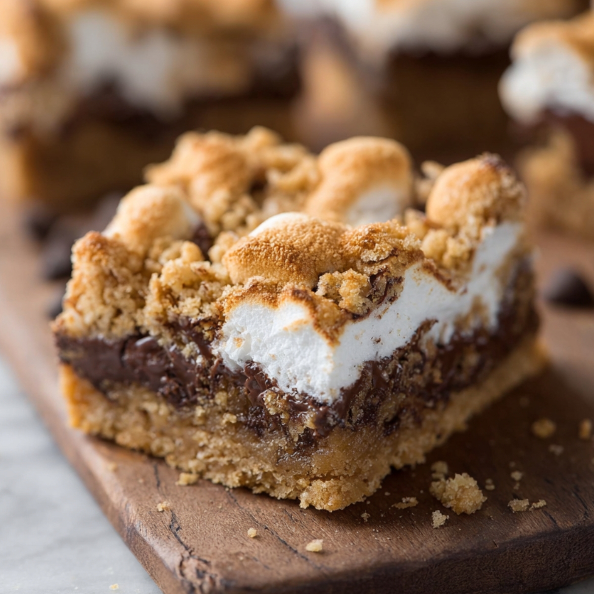 Close-up of a homemade s’mores bars on a wooden board, showing gooey layers of melted chocolate, toasted marshmallows, and a golden graham cracker crust with crumb topping. Crumbs are scattered naturally around the bar.