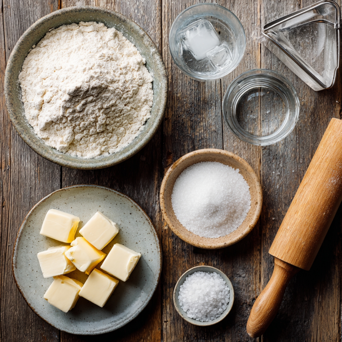 Top-down view of pie crust ingredients on a rustic wooden surface, including flour, cubed butter, sugar, salt, ice water, a pastry cutter, and a rolling pin, natural daylight.