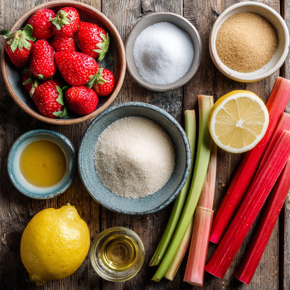 Top-down view of fresh strawberries, rhubarb stalks, lemon, sugars, cornstarch, and vanilla arranged on a rustic wooden surface, natural daylight.
