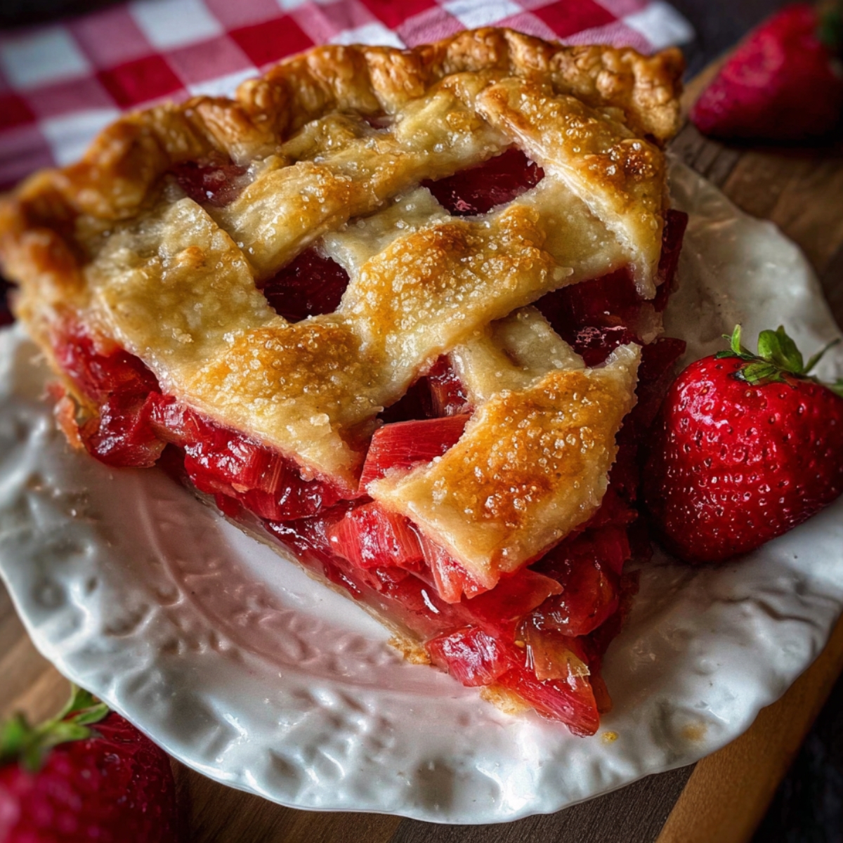 Slice of homemade strawberry rhubarb pie with golden lattice crust and fresh strawberry garnish on a white plate.