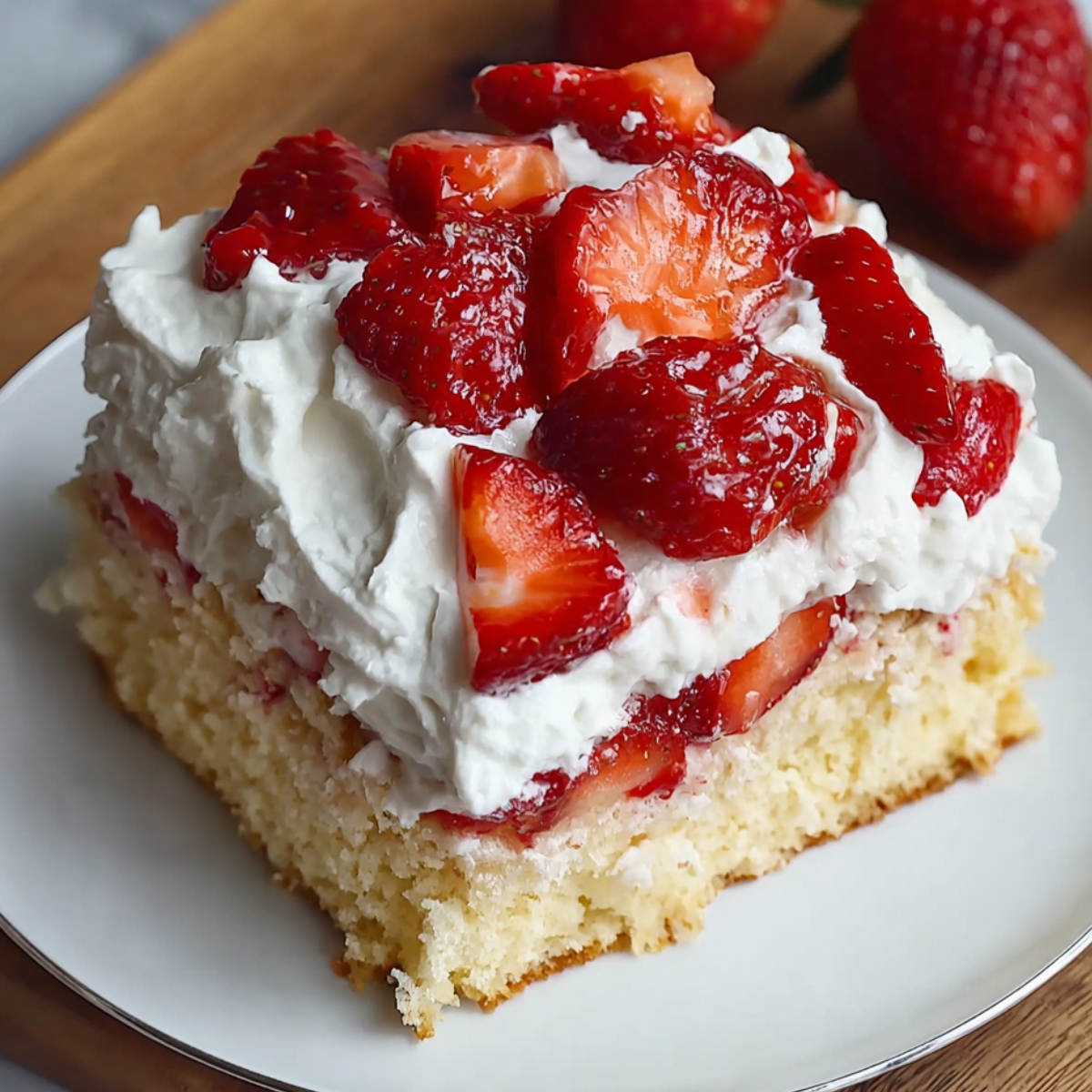 Homemade slice of strawberry tres leches cake on a white plate, with fluffy whipped cream and juicy fresh strawberry slices layered on top of moist sponge cake.