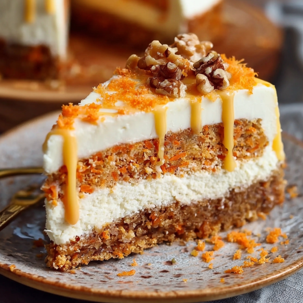 A homemade slice of carrot cake cheesecake with creamy layers, carrot crumbs, caramel drizzle, and walnuts.