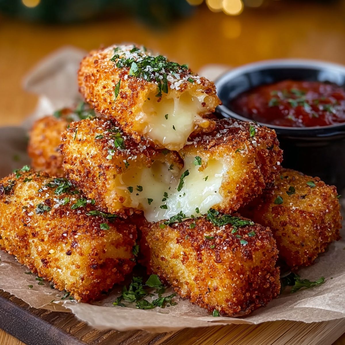 Stack of golden, crispy homemade Nashville hot mozzarella sticks on a wooden board, one broken open with gooey melted cheese, parsley garnish, and dipping sauce in the background.