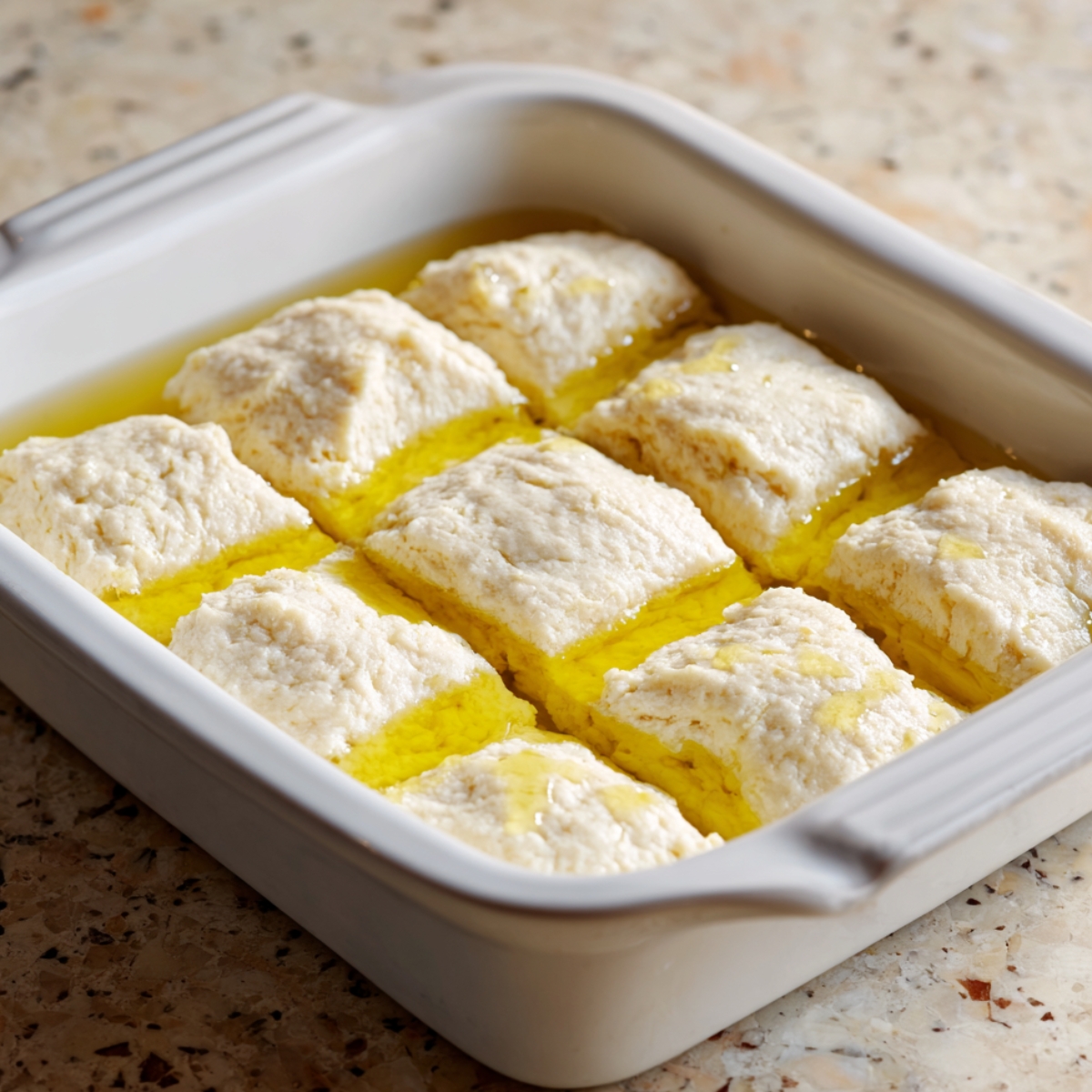 Pour into the baking dish and spread over melted butter. Use a bench scraper to cut dough into 9 equal pieces.