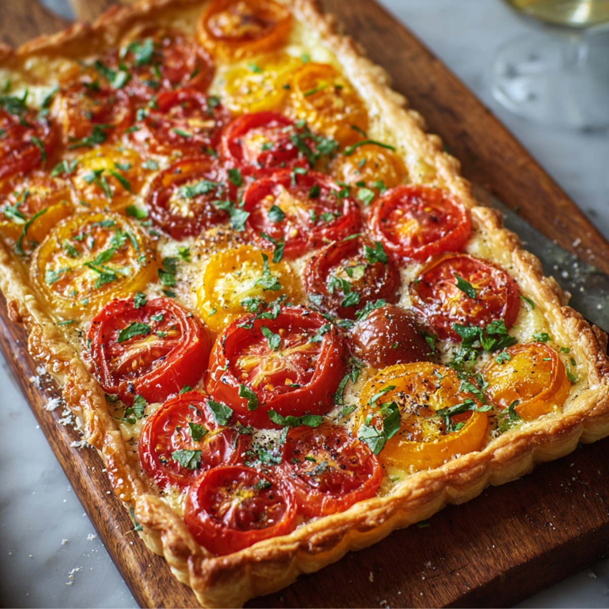 Homemade tomato tart with red and yellow tomatoes, herbs, cheese, and golden puff pastry on a wooden board.