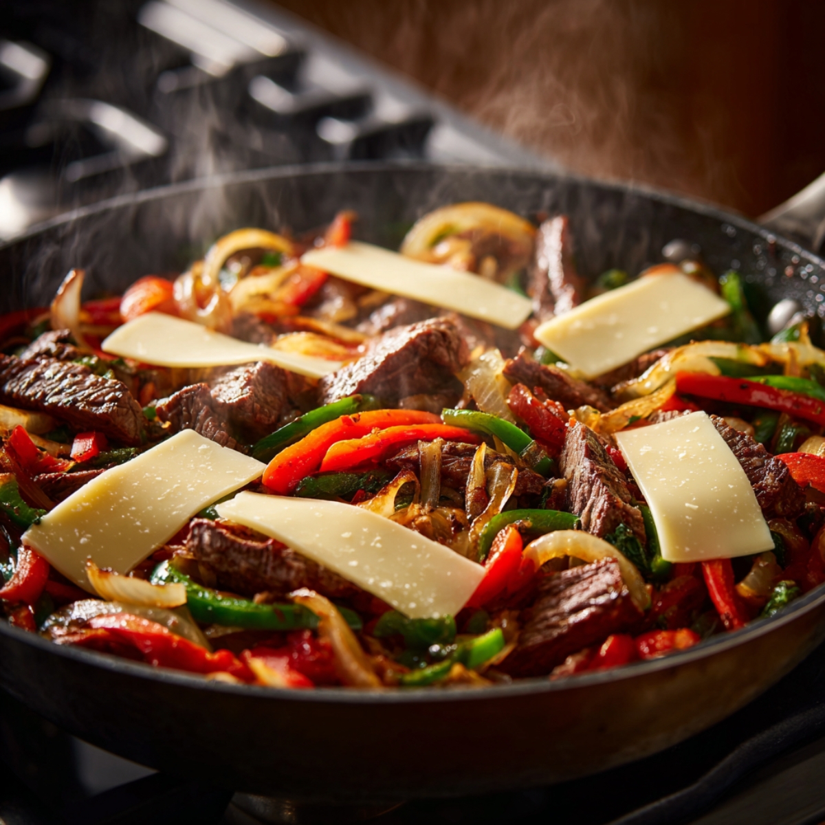 Steak, peppers, and onions in a hot skillet topped with slices of provolone cheese, steam rising as the cheese begins to melt.