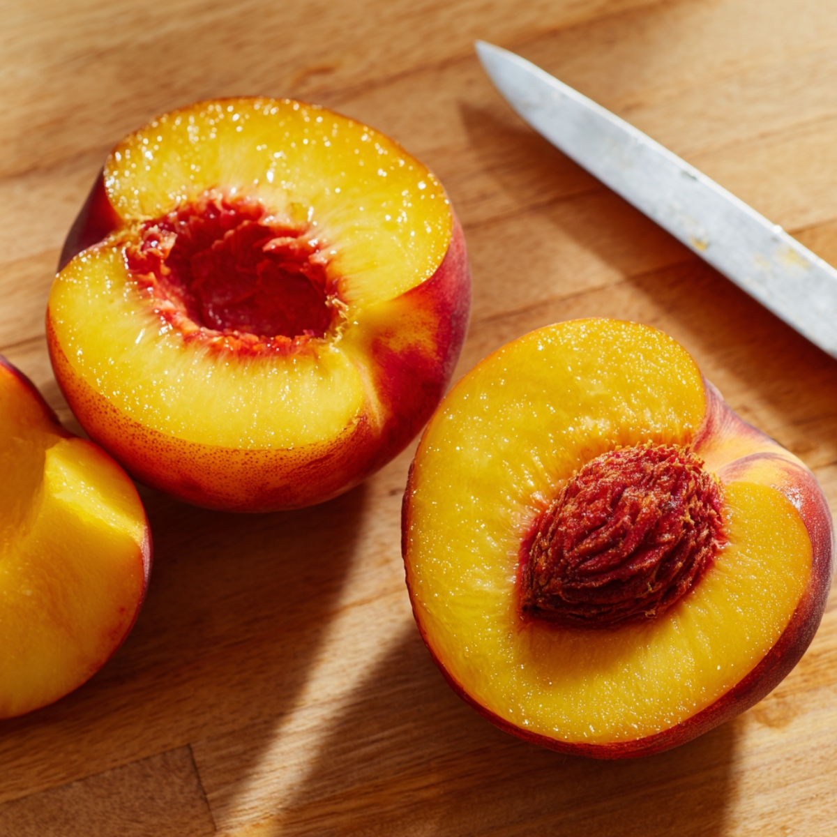 Halved ripe peach on a wooden cutting board, golden flesh and red pit visible, with a kitchen knife nearby.