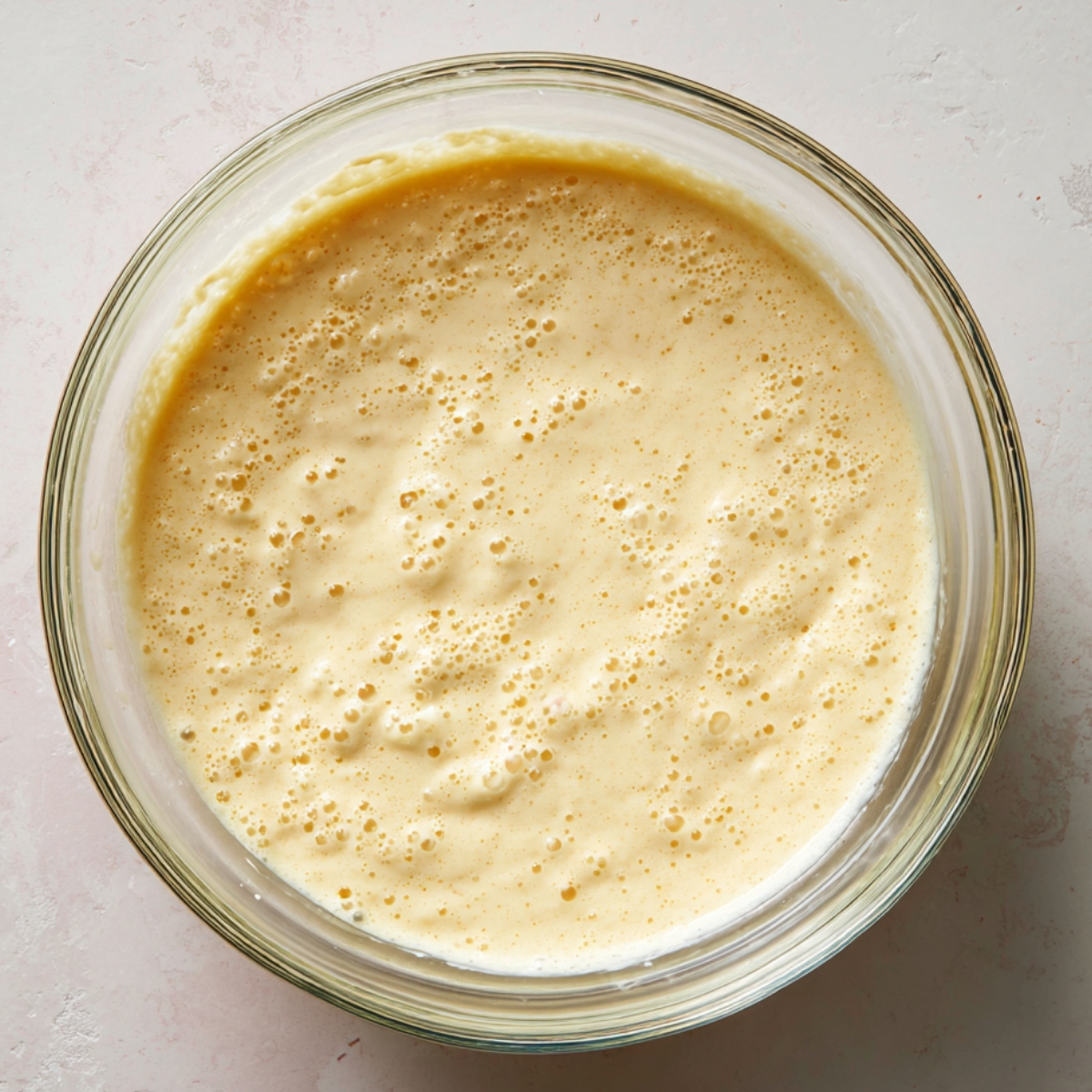 Homemade pancake batter in a clear glass bowl with small air bubbles on top, sitting on a light textured countertop in natural lighting.