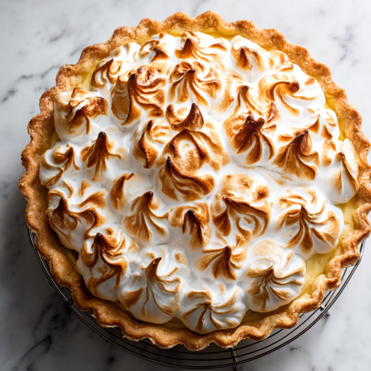 Homemade lemon meringue pie on a wire rack with a golden crust and fluffy meringue peaks, perfectly toasted to golden brown on a marble countertop.