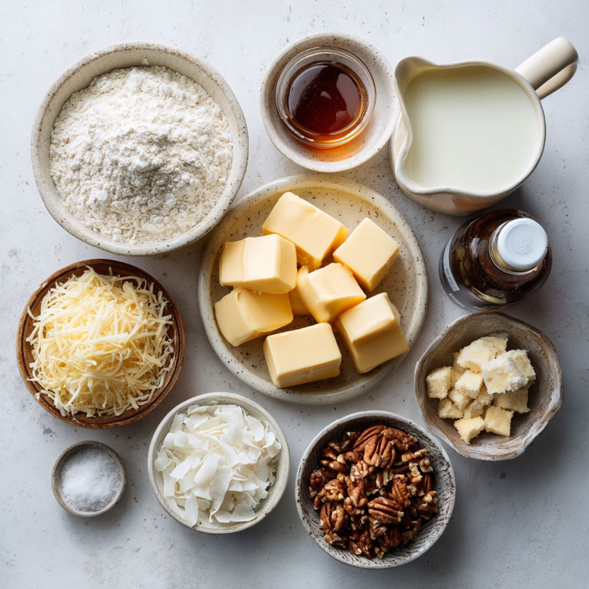 A top-down view of banana cobbler ingredients neatly arranged on a light countertop, including flour, butter cubes, milk, maple syrup, vanilla, shredded cheese, coconut flakes, chopped pecans, cornbread chunks, and salt, all in rustic ceramic bowls for a homemade look.