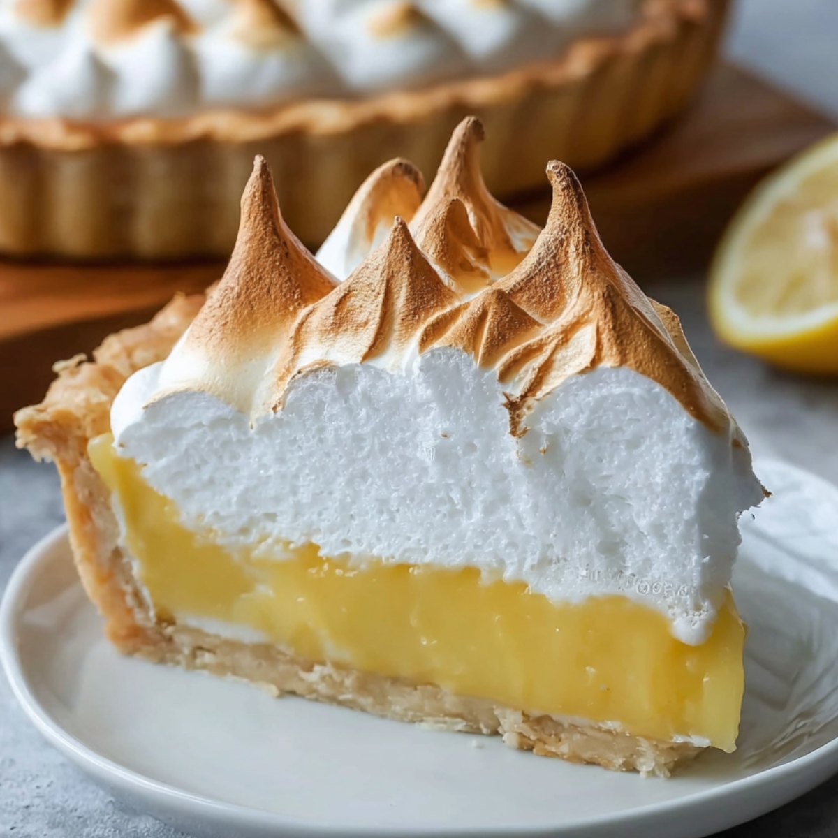 Best Lemon Meringue Pie Recipe on a white plate with flaky golden crust, smooth yellow lemon curd filling, and tall fluffy meringue peaks toasted golden brown, with the rest of the pie and a halved lemon in the background.