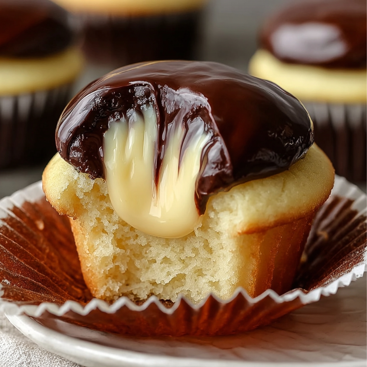 Homemade Boston Cream Cupcakes with a bite taken out, showing creamy custard filling dripping from the soft vanilla cupcake, topped with a thick, glossy layer of chocolate ganache.