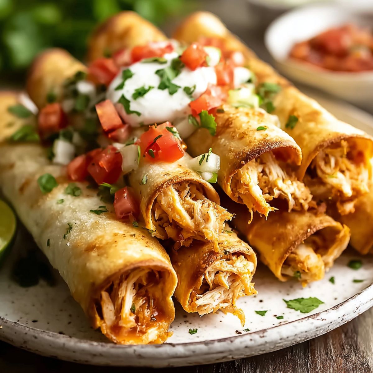 Golden crispy homemade chicken flautas stacked on a white speckled plate, filled with shredded seasoned chicken and topped with sour cream, diced tomatoes, onions, and fresh cilantro.