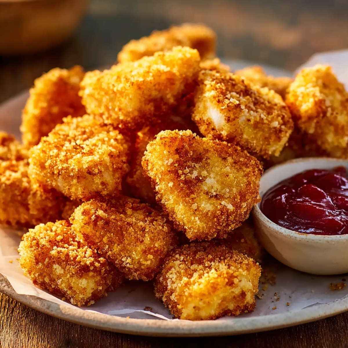 Homemade crispy golden chicken nuggets on a parchment-lined plate with ketchup dip.