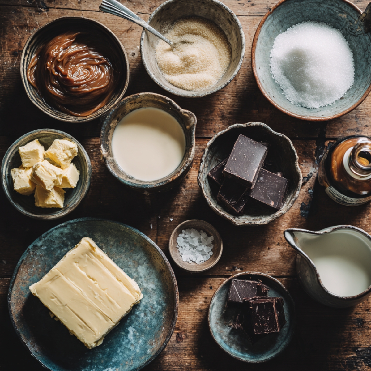 Rustic wooden table with bowls of dark chocolate, sugar, caramel, butter, cream, sea salt, and vanilla extract arranged for making a homemade chocolate caramel cake.