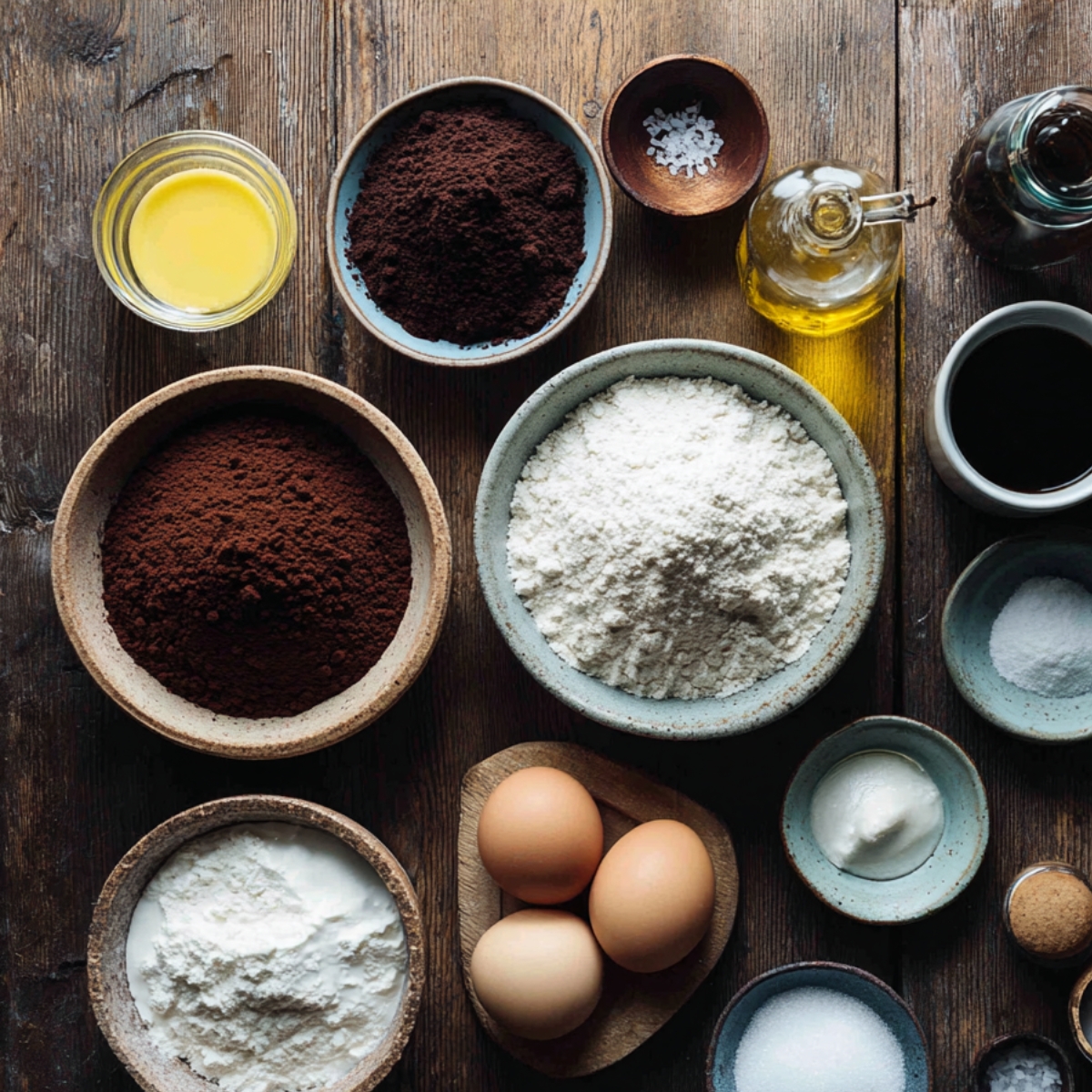 Rustic wooden table with bowls of cocoa powder, flour, sugar, eggs, buttermilk, coffee, oil, vanilla, baking soda, baking powder, and sea salt for a homemade chocolate caramel cake.