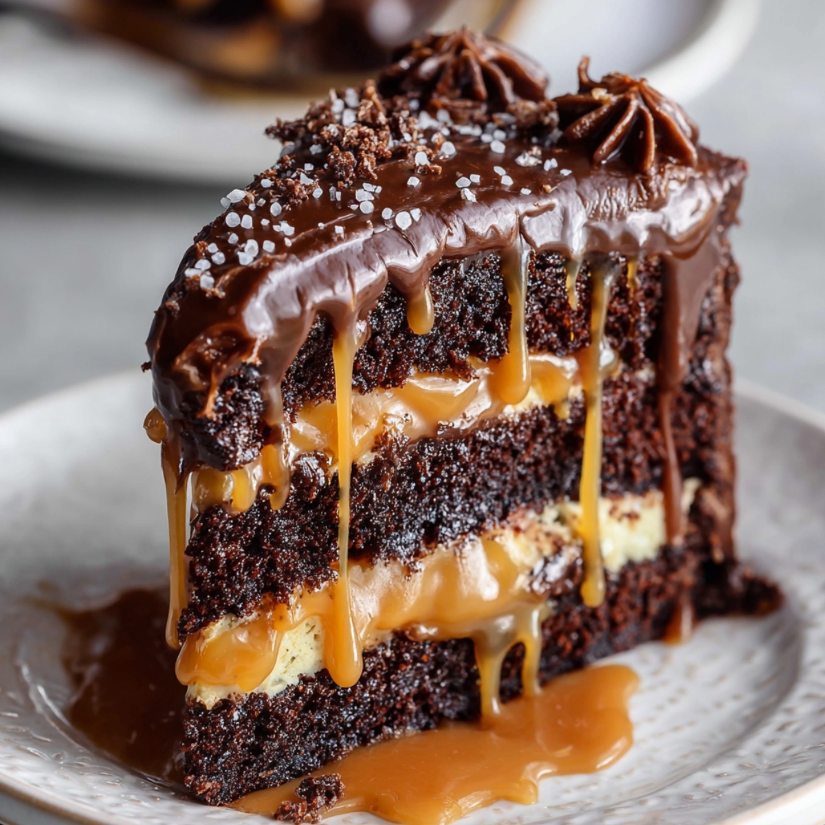 Chocolate Caramel Cake with dripping caramel, glossy ganache, chocolate shavings, and sea salt on a white plate.